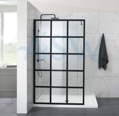 Fully Framed Shower Screen Panel Black Frame 15 Sections 6mm 2000H with Support Arm