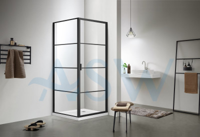 Fully Framed Corner Shower screen with black horizontal rails Pivot Door 2000H