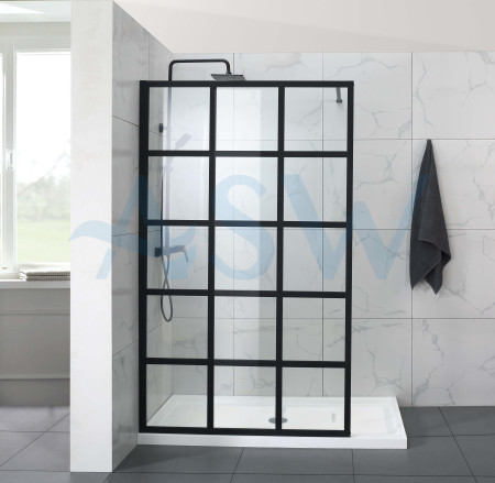 Fully Framed Shower Screen Panel Black Frame 15 Sections 6mm 2000H with Support Arm