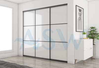Slim Line Framed Sliding Wardrobe Doors Super white Glass With Horizontal Strips