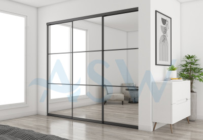 Slim Line Framed Sliding Wardrobe Doors Mirror With Horizontal Strips