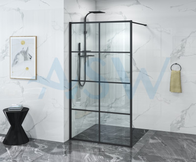 Fully Framed Shower Screen Panel Black Frame 8 Sections 6mm 2000H with support arm